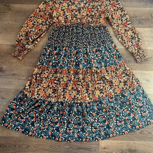 Umgee Floral Long Sleeve Maxi Dress - Orange and Blue - Picture 2 of 8